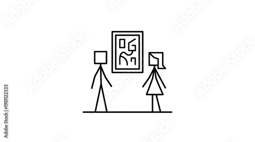 Minimalist Stick Figures Viewing Artwork in Gallery