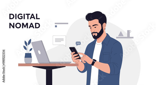 Digital Nomad Working Remotely with Laptop and Smartphone