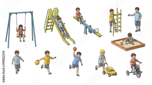 Top-Down Playground Children Activities Architectural Blueprint Human Vector Set, Flat Minimal Style, Clean White Background Illustration