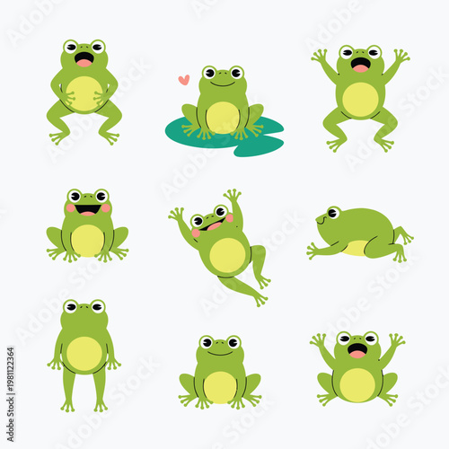 Schilderij op canvas Cute green frog vector set, smiling frog characters in different poses like jumping, sitting, and croaking, playful cartoon style ideal for kids’ designs and nature-themed illustrations