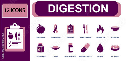 Digestion icon set. Containing apple fruit, diet plan, dining utensils, food bowl, lactose free, medicine bottle, medicine capsule, oil drop, pill tablet and more. Solid fill vector icons.