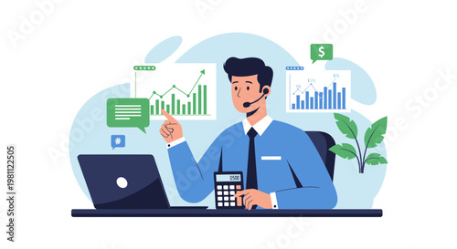 Financial Analyst Working with Charts and Calculator, Business Growth Concept