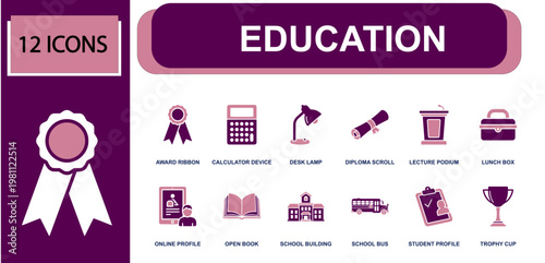 Education icon set. Containing award ribbon, calculator, desk lamp, diploma scroll, lecture podium, open book, school building, school bus, student profile and more. Solid fill vector icons.