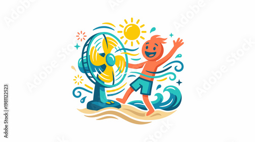 Happy Boy Cooling Off with a Fan on a Sunny Beach