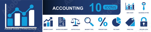Accounting icon set. Containing bar chart, business attire, invoice document, justice scale, magnifier, percent sign, pie chart, price tag, secure lock and more. Solid fill vector icons.