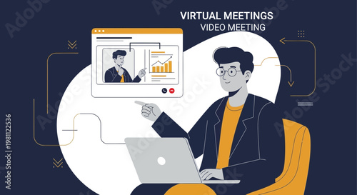 Virtual Meeting: Man in Video Conference with Laptop and Charts