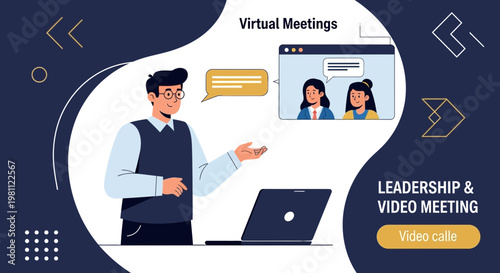 Virtual Meeting: Man Leading Online Conference with Laptop and Video Call Screen
