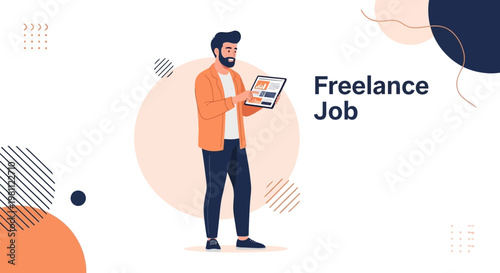 Freelance Job Concept: Man Holding Tablet with Charts, Modern Flat Design