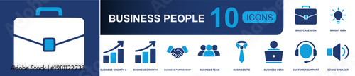 Business people and office work icon set. Containing briefcase, bright idea, business growth, partnership, team, tie, user, customer support, speaker and more. Solid fill vector icons.