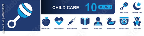 Child care icon set. Containing baby rattle, crescent star, healthy apple, heart monitor, syringe, open book, parent child, rubber duck, teddy bear and more. Solid fill vector icons.