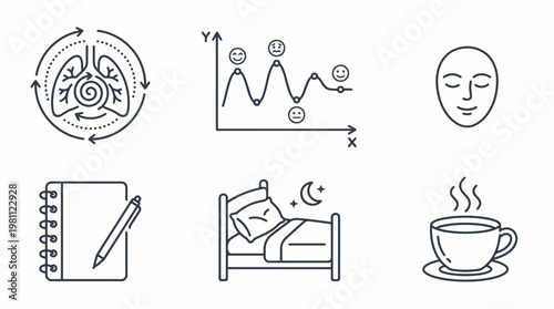 Set of line icons representing health, wellness, and daily routines.