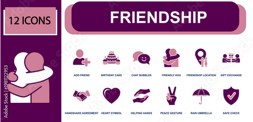 Friendship icon set. Containing add friend, birthday cake, chat bubbles, friendly hug, gift exchange, handshake, heart symbol, helping hands, peace gesture and more. Solid fill vector icons.