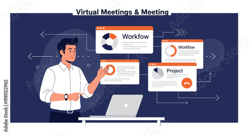 Virtual Meeting Workflow: Man Presenting Project Management and Workflow Charts on Screen