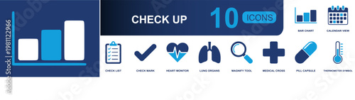 Medical checkup icon set. Containing checklist, check mark, heart monitor, lungs, magnifier, medical cross, pill capsule, thermometer, calendar view and more. Solid fill vector icons.
