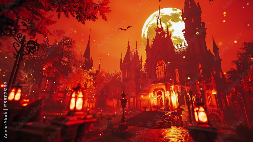 Obraz premium Dramatic, gothic mansion at dusk under a full moon, with bats, trees, and glowing lights