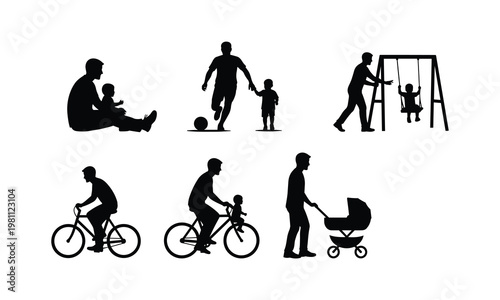Father child silhouette vector illustration of family activities in park and playground.