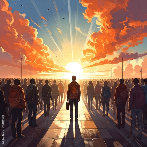 Crowd of figures facing bright, sunlit horizon, person in focus with briefcase