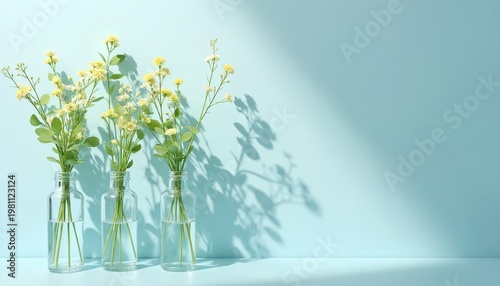Three glass vases with delicate yellow spring flowers stand on light blue surface. Green stems, leaves visible in clear water. Shadows of branches cast decorative patterns on wall behind. Composition