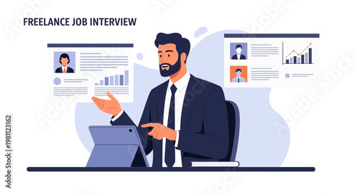 Freelance Job Interview: Man in Suit Discussing Candidates Online with Tablet