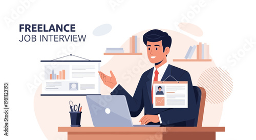 Freelance Job Interview: Man in Suit with Laptop and Presentation