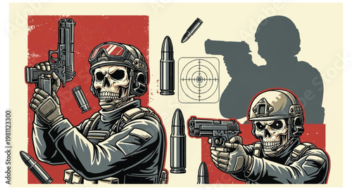 Skeleton soldiers aiming firearms with target background and scattered bullets representing combat and danger vector design illustration