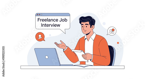 Freelance Job Interview: Man in Video Call, Laptop, Documents, Remote Work Concept