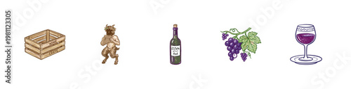 Wine Production and Viticulture Mythology Elements with Traditional Inky Pencil Texture and Crayon Colorful Aesthetic