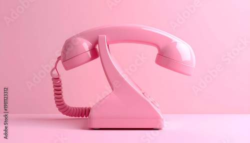 A vibrant pink vintage telephone sits prominently against a soft pink background, creating a visually striking and nostalgic composition.