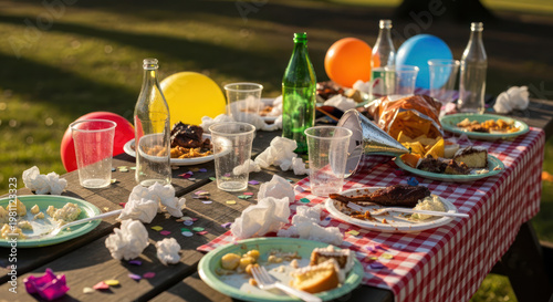 Messy Picnic Table After Celebration Outdoors with Leftover Food and Trash