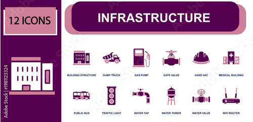 Infrastructure icon set. Containing building structure, dump truck, gas pump, gate valve, hard hat, public bus, traffic light, water tower, wifi router and more. Solid fill vector icons.