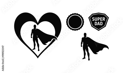 Super dad silhouette illustration inside heart and single hero vector with award badge and shield.