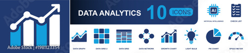 Data analytics icon set. Containing artificial intelligence, checklist, data graph, network, growth chart, pie chart, speed meter, light bulb, data grid and more. Solid fill vector icons.