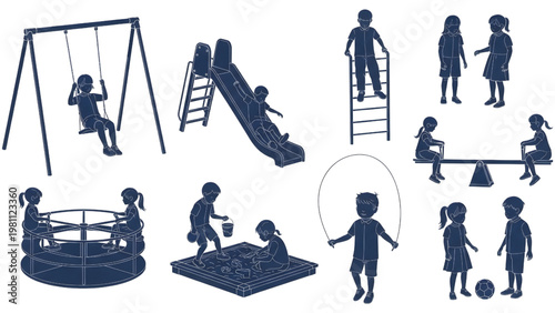 Top-Down Playground Children Activities Architectural Blueprint Human Vector Set, Solid Silhouette Technical Line Style, Clean White Background