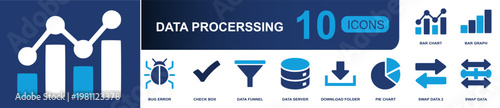 Data processing icon set. Containing bar chart, bar graph, bug error, check box, data funnel, data server, download folder, pie chart, data exchange and more. Solid fill vector icons.
