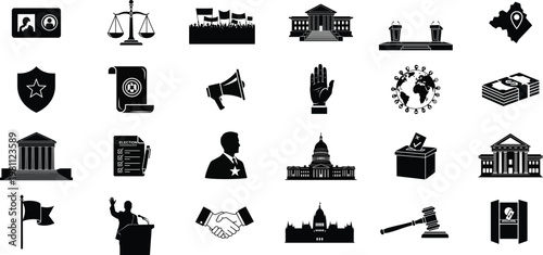 Law and justice icons set symbols of legal systems and governance