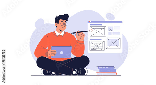 Web Designer Planning Website Wireframes on Tablet and Laptop