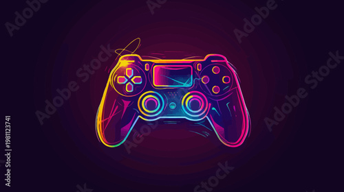 Neon illuminated game controller against dark background vector illustration