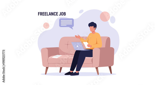 Freelance Job: Man Working Remotely on Laptop While Sitting on Sofa