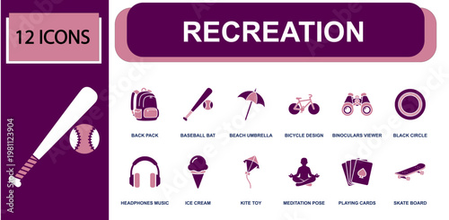 Recreation icon set. Containing backpack, baseball bat, beach umbrella, bicycle, binoculars, ice cream, meditation pose, playing cards, skateboard and more. Solid fill vector icons.