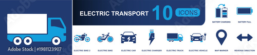 Electric transport icon set. Containing battery charging, battery full, electric bike, electric car, electric truck, charger, map marker, reverse direction and more. Solid fill vector icons.