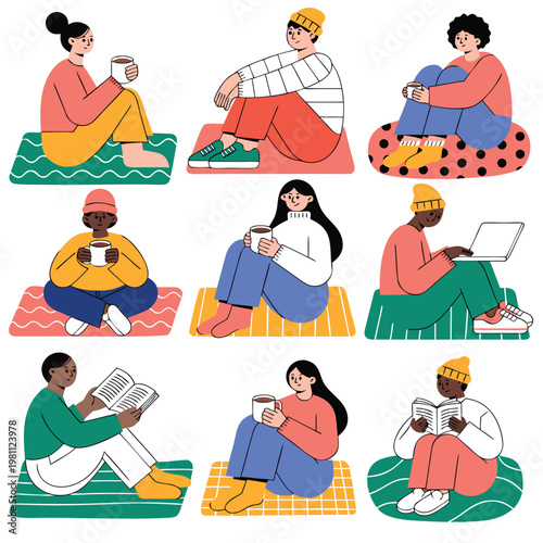 Diverse group of people relaxing and enjoying quiet moments with books and beverages