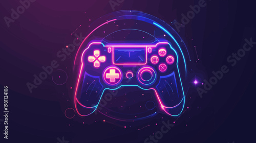 Neon illuminated game controller isolated on dark background technology concept