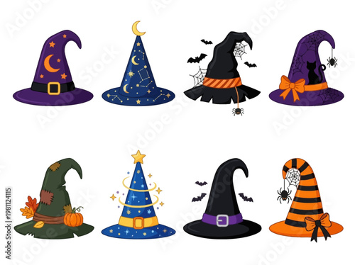 Collection of eight colorful Halloween witch hats in various artistic styles with moons, stars, bats, leaves, and ribbons on white background, vector graphics