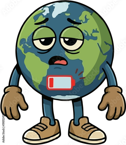 Low Battery Earth Character Isolated on White Background Energy Crisis Concept
