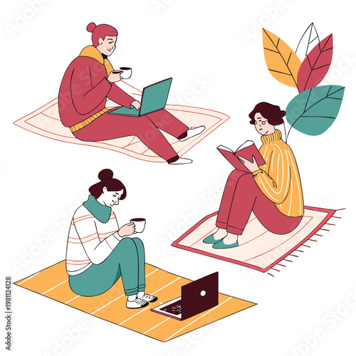 Three women enjoy autumn leisure activities reading using laptops and drinking tea