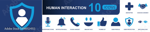 Human interaction icon set. Containing microphone, bell, phone handset, smiling face, thumbs up, user profile, user protection, watching eyes, handshake and more. Solid fill vector icons.