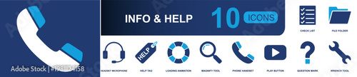 Info and help icon set. Containing headset, help tag, loading animation, magnifier, phone handset, play button, question mark, wrench tool, file folder and more. Solid fill vector icons.