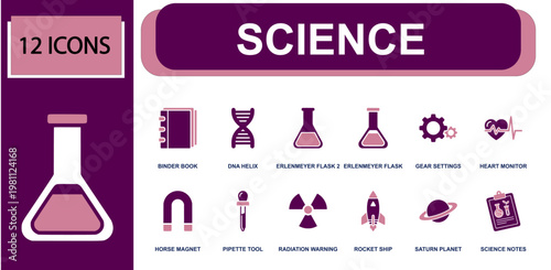 Science icon set. Containing binder book, DNA helix, erlenmeyer flask, gear settings, heart monitor, magnet, pipette tool, rocket ship, Saturn planet and more. Solid fill vector icons.