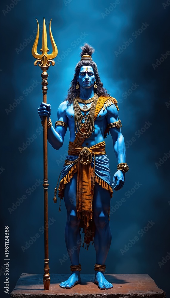 Fototapeta premium Blue skinned Mahadev poses with golden trident. He wears tiger skin sash and blue dhoti for Hindu festival. Powerful deity embodies cosmic energy and destroyer creator roles.