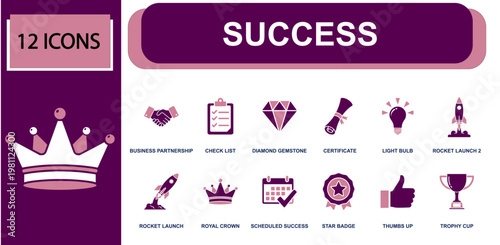 Success icon set. Containing business partnership, check list, diamond gemstone, certificate, light bulb, rocket launch, thumbs up, trophy cup, royal crown and more. Solid fill vector icons.